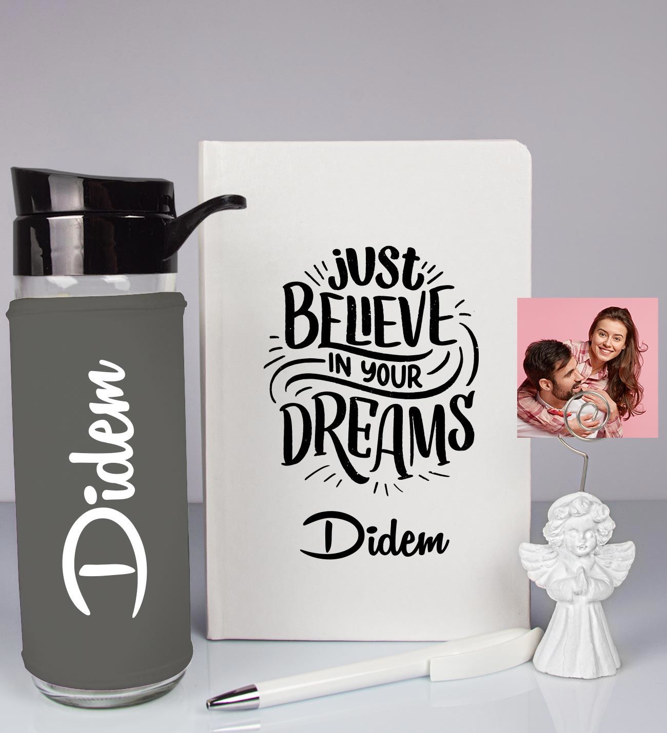 eJOYA Kişiye Özel Defter Kalem Matara Ve Fotoğraflı Notluk Hediye Seti 93524
