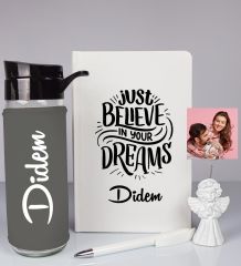 eJOYA Kişiye Özel Defter Kalem Matara Ve Fotoğraflı Notluk Hediye Seti 93524