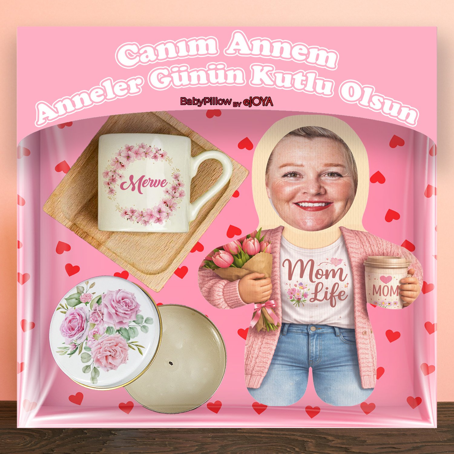 eJOYA Annelere Özel Türk Kahvesi Fincanı & Mum & Oyuncak Yastık Hediye Kutusu 116347