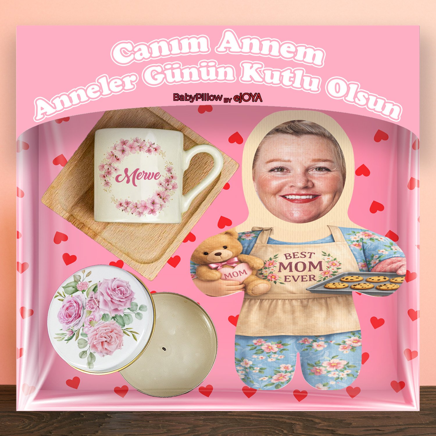 eJOYA Annelere Özel Türk Kahvesi Fincanı & Mum & Oyuncak Yastık Hediye Kutusu 116348
