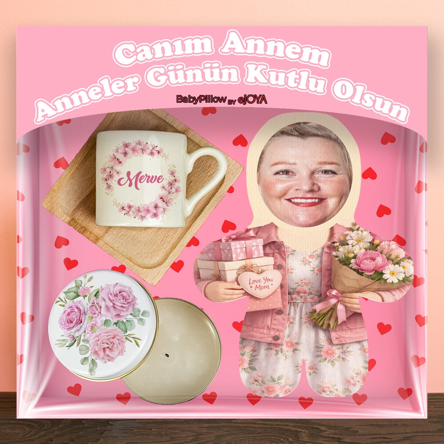 eJOYA Annelere Özel Türk Kahvesi Fincanı & Mum & Oyuncak Yastık Hediye Kutusu 116349