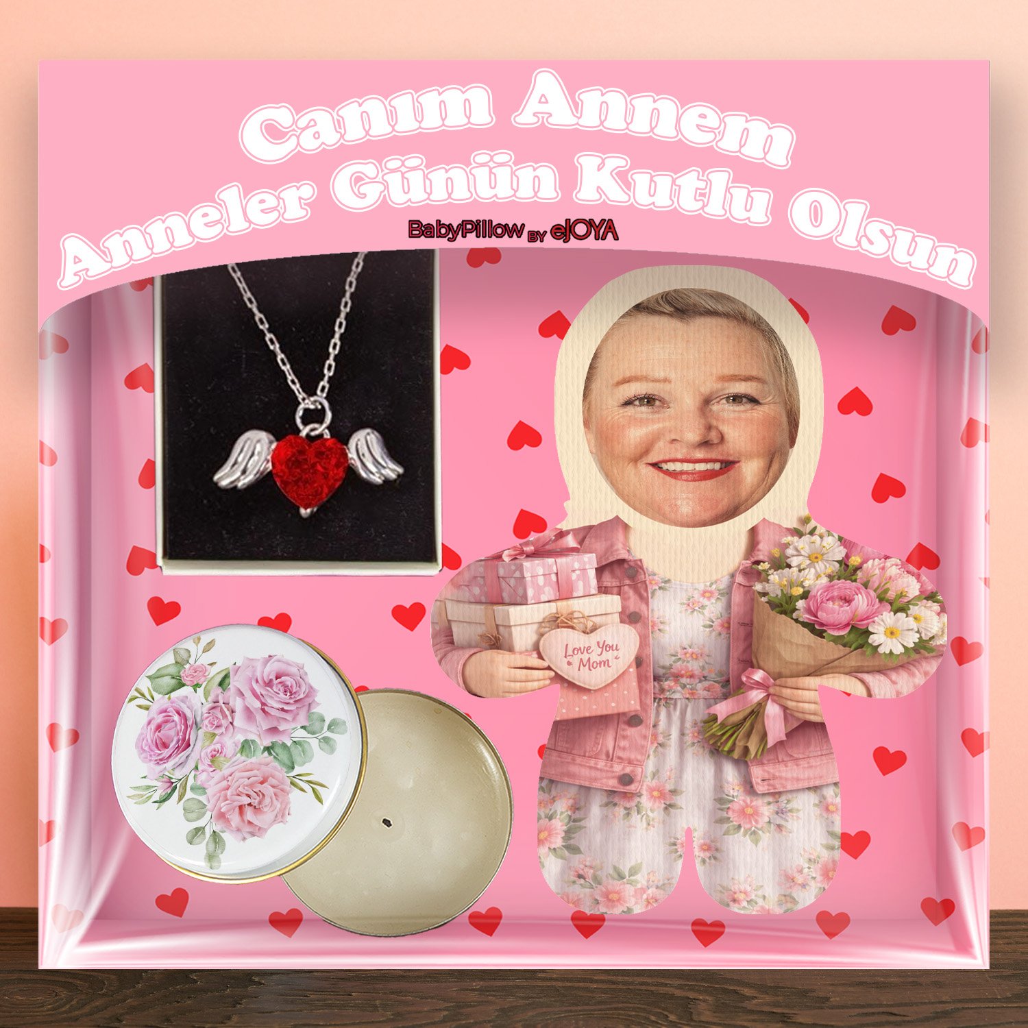 eJOYA Annelere Özel MiniBiz Oyuncak Yastık & Mum & Kanatlı Kalp Kolye Hediye Kutusu 116353