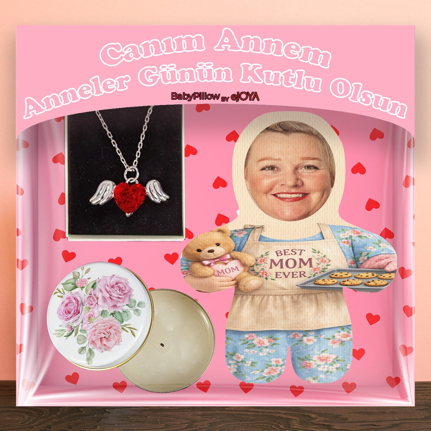 eJOYA Annelere Özel MiniBiz Oyuncak Yastık & Mum & Kanatlı Kalp Kolye Hediye Kutusu 116354