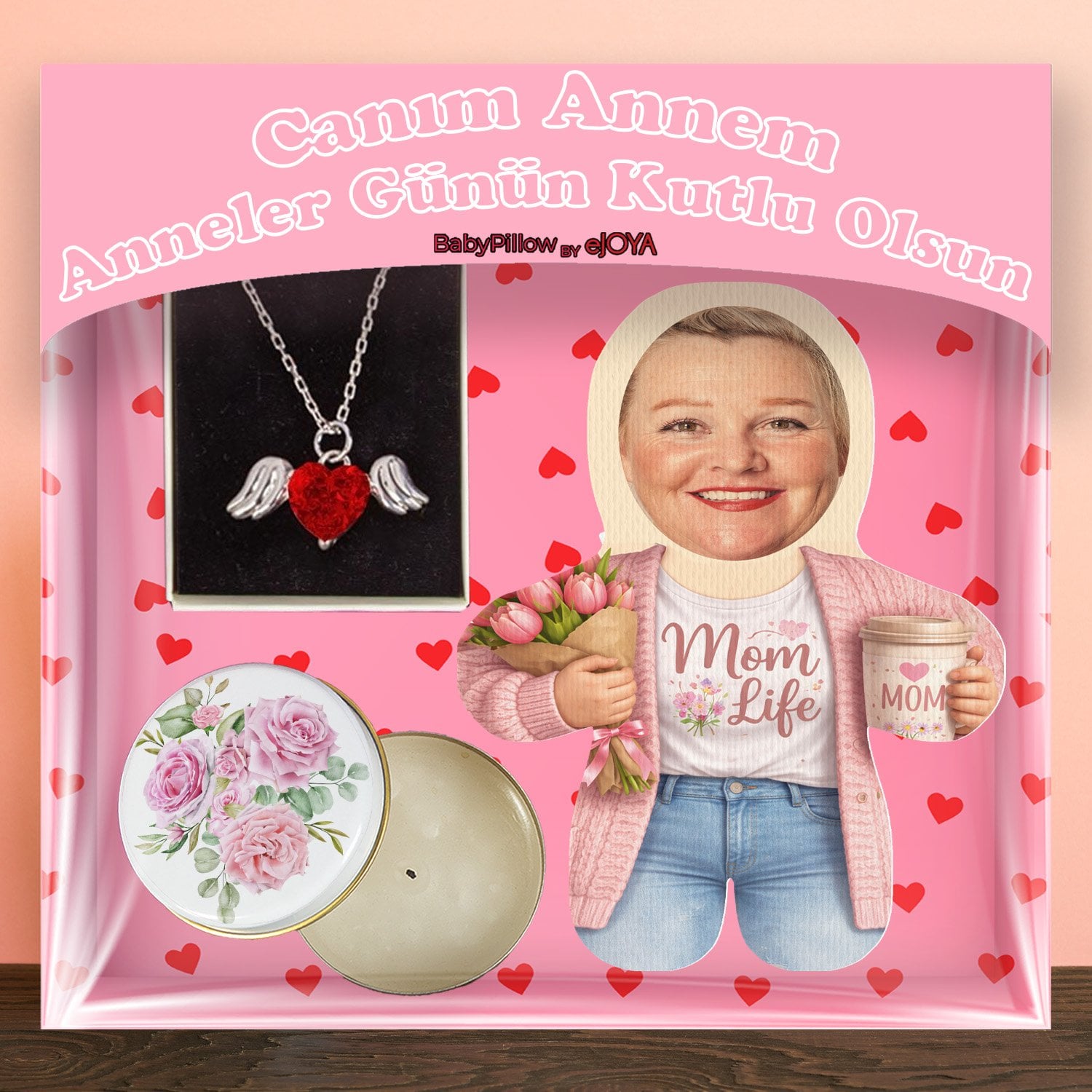 eJOYA Annelere Özel MiniBiz Oyuncak Yastık & Mum & Kanatlı Kalp Kolye Hediye Kutusu 116355