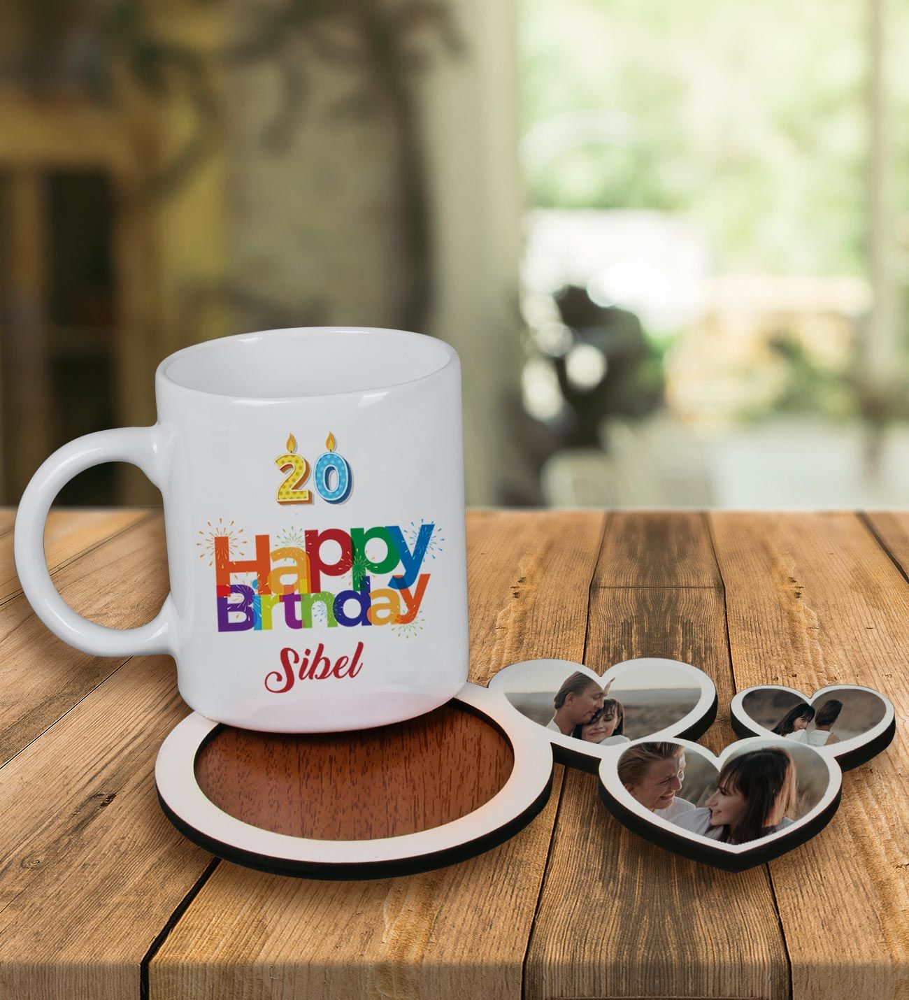 eJOYA Kişiye Özel Tasarım Kupa Bardak Ve Fotoğraflı Kalpler Ahşap Bardak Altlığı 99917