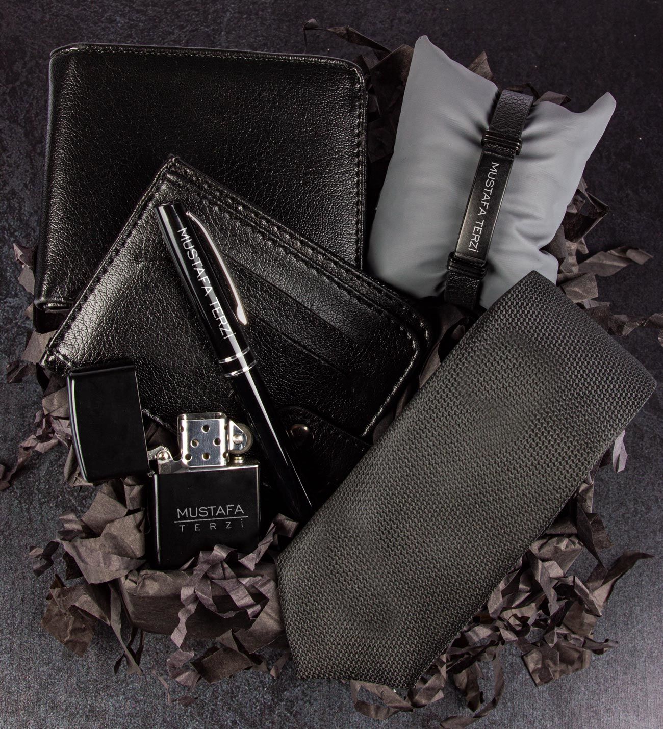 eJOYA Kişiye Özel Cüzdan Kartlık Zippo Model Çakmak Metal Roller Kalem Kravat Ve Bileklik Erkek Aksesuar Seti 106793