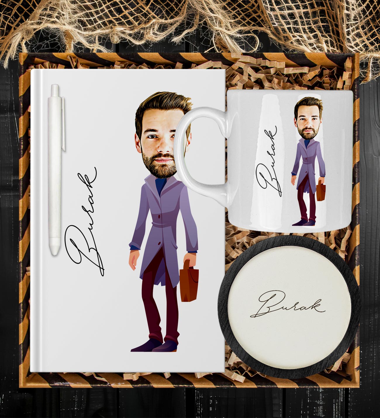eJOYA Kişiye Özel Karikatür Tasarım Defter Kalem Kupa Ve Bardak Altlığı Hediye Seti 96136