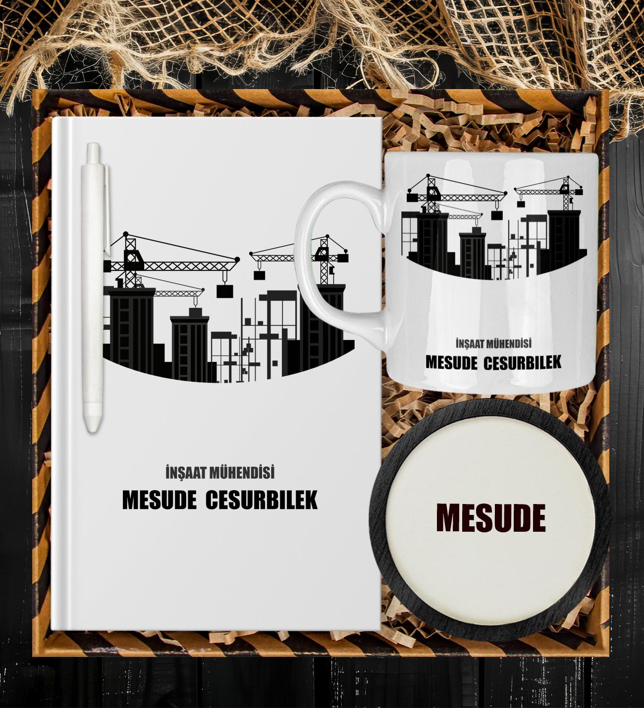 eJOYA Kişiye Özel İnşaat Mühendisi Tasarım Defter Kalem Kupa Ve Bardak Altlığı Hediye Seti 81413