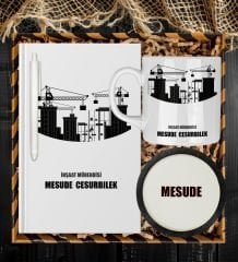 eJOYA Kişiye Özel İnşaat Mühendisi Tasarım Defter Kalem Kupa Ve Bardak Altlığı Hediye Seti 81413