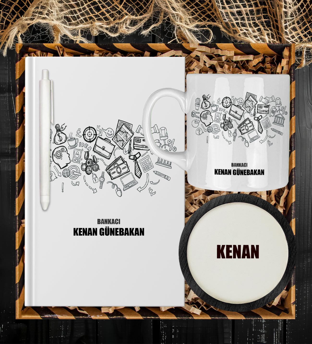eJOYA Kişiye Özel Bankacı Tasarım Defter Kalem Kupa Ve Bardak Altlığı Hediye Seti 81420