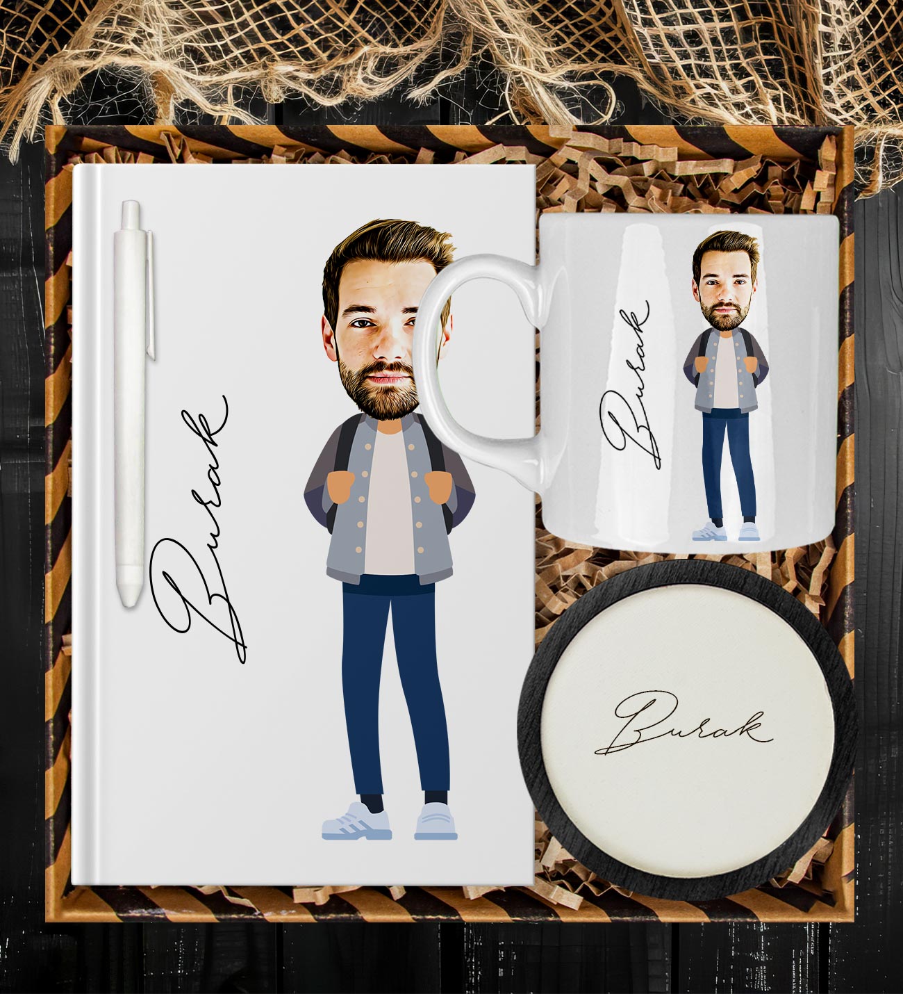 eJOYA Kişiye Özel Karikatür Tasarım Defter Kalem Kupa Ve Bardak Altlığı Hediye Seti 96143