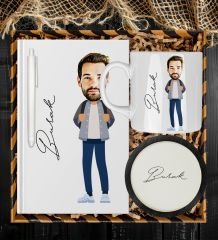 eJOYA Kişiye Özel Karikatür Tasarım Defter Kalem Kupa Ve Bardak Altlığı Hediye Seti 96143