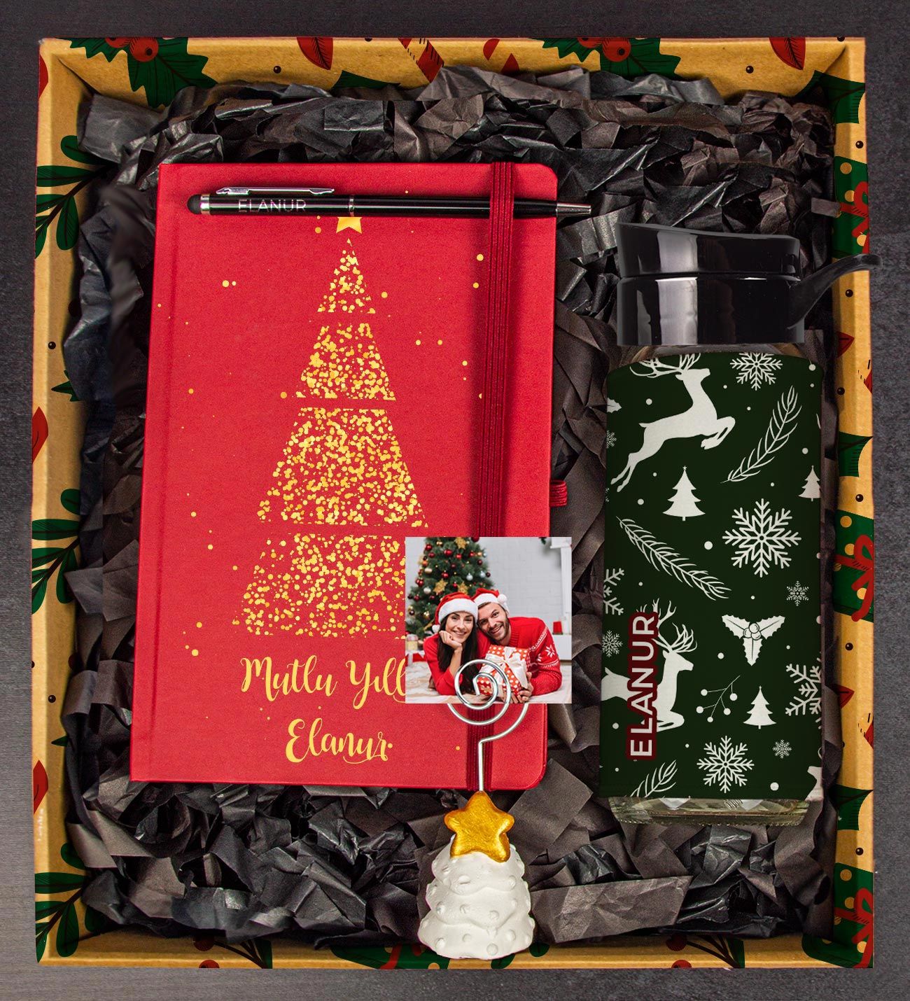 eJOYA Yeni Yıla Özel Defter Kalem Matara Ve Fotoğraflı Çam Ağacı Notluk Hediye Kutusu 110658