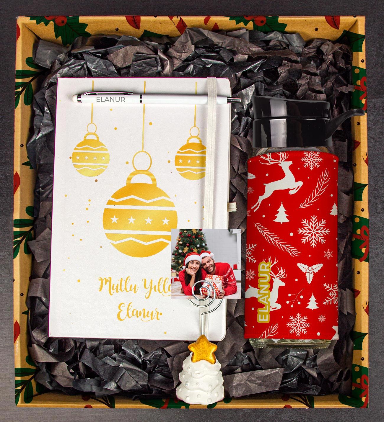 eJOYA Yeni Yıla Özel Defter Kalem Matara Ve Fotoğraflı Çam Ağacı Notluk Hediye Kutusu 110659
