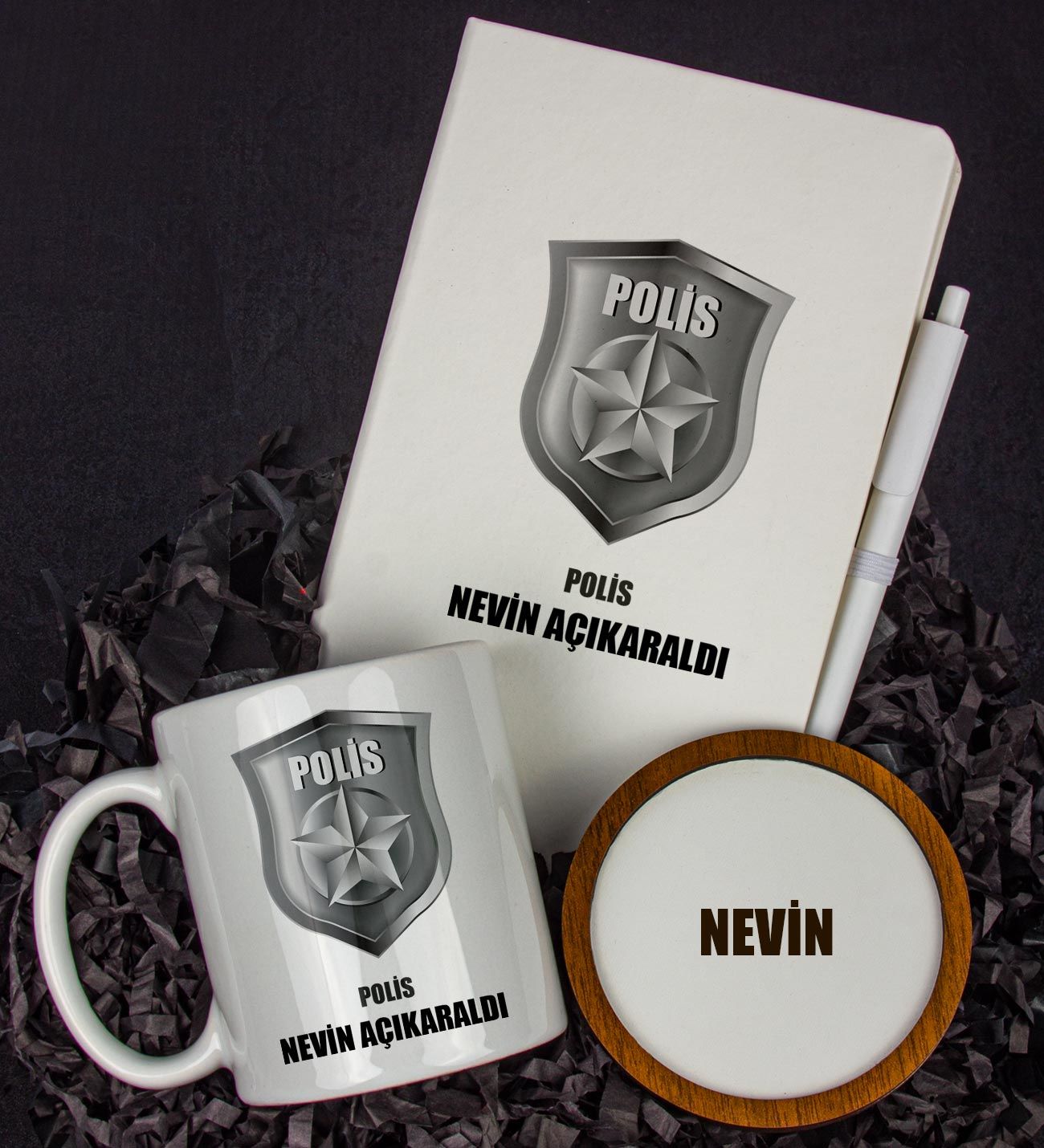 eJOYA Kişiye Özel Polis Tasarım Defter Kalem Kupa Ve Bardak Altlığı Hediye Seti 81434