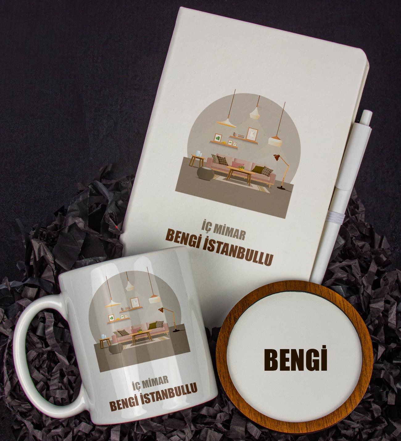 eJOYA Kişiye Özel İç Mimar Tasarım Defter Kalem Kupa Ve Bardak Altlığı Hediye Seti 81438