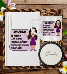 eJOYA Kişiye Özel Karikatür Tasarım Defter Kalem Kupa Ve Bardak Altlığı Hediye Seti 96164