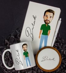 eJOYA Kişiye Özel Karikatür Tasarım Defter Kalem Kupa Ve Bardak Altlığı Hediye Seti 96189