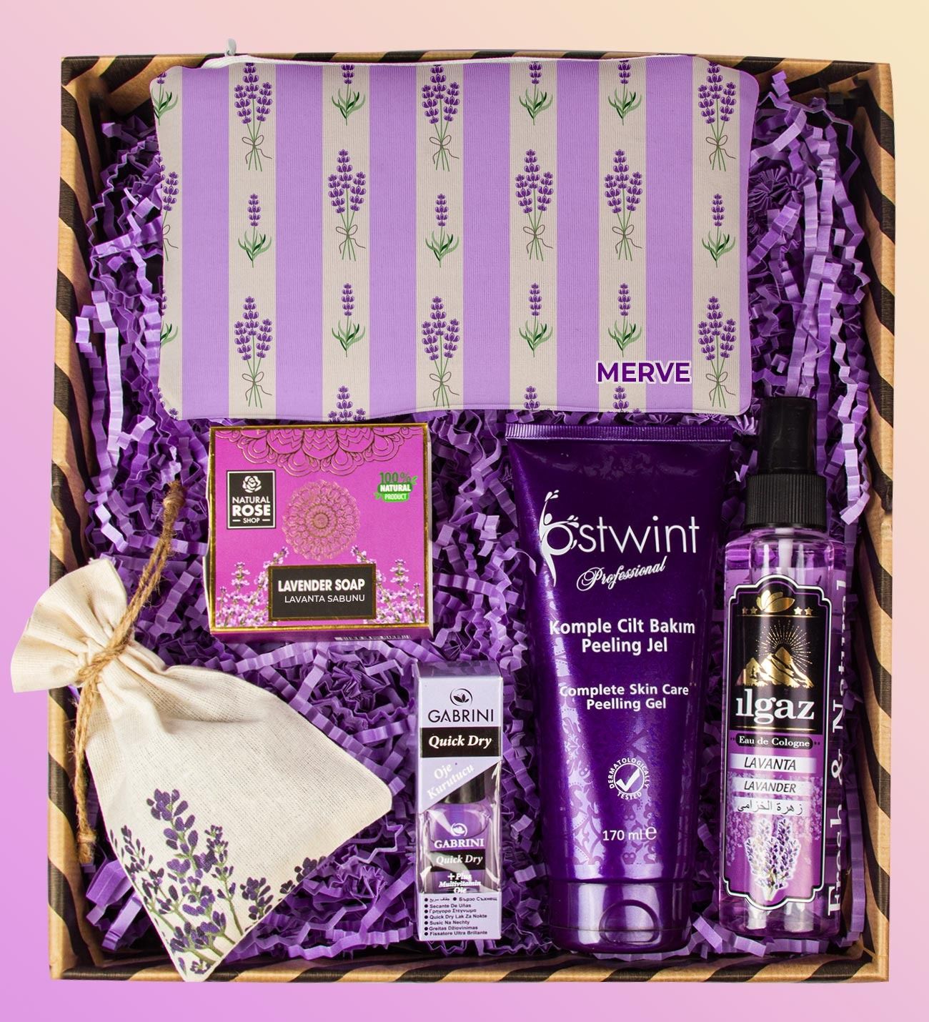 eJOYA Kişiye Özel Makyaj Çantası & Kolonya & Sabun & Cilt Bakım Peeling Jel & Oje Kurutucu & Lavanta Kese Kozmetik Kozmetik Hediye Kutusu 110890
