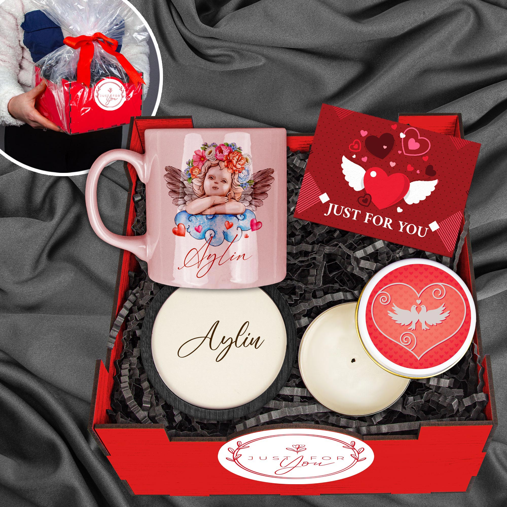 eJOYA Kişiye Özel Kupa & Bardak Altlığı & Mum & Ahşap Hediye Sepeti 114705