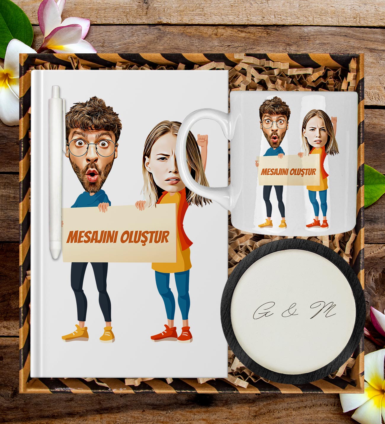 eJOYA Kişiye Özel Karikatür Tasarım Defter Kalem Kupa Ve Bardak Altlığı Hediye Seti 96215