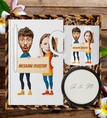 eJOYA Kişiye Özel Karikatür Tasarım Defter Kalem Kupa Ve Bardak Altlığı Hediye Seti 96215
