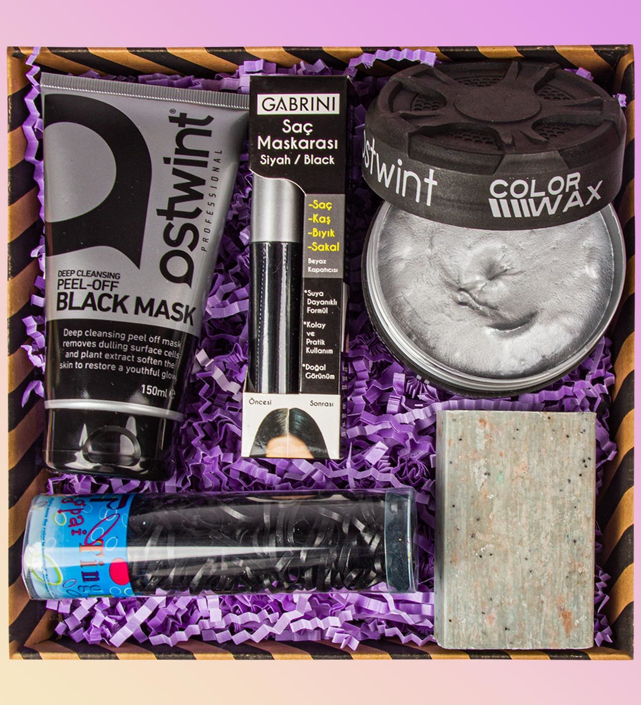 eJOYA Doğal Sabun & Siyah Soyulan Maske & Color Wax & Örgü Lastiği & Saç Maskarası Kozmetik Hediye Kutusu 110922
