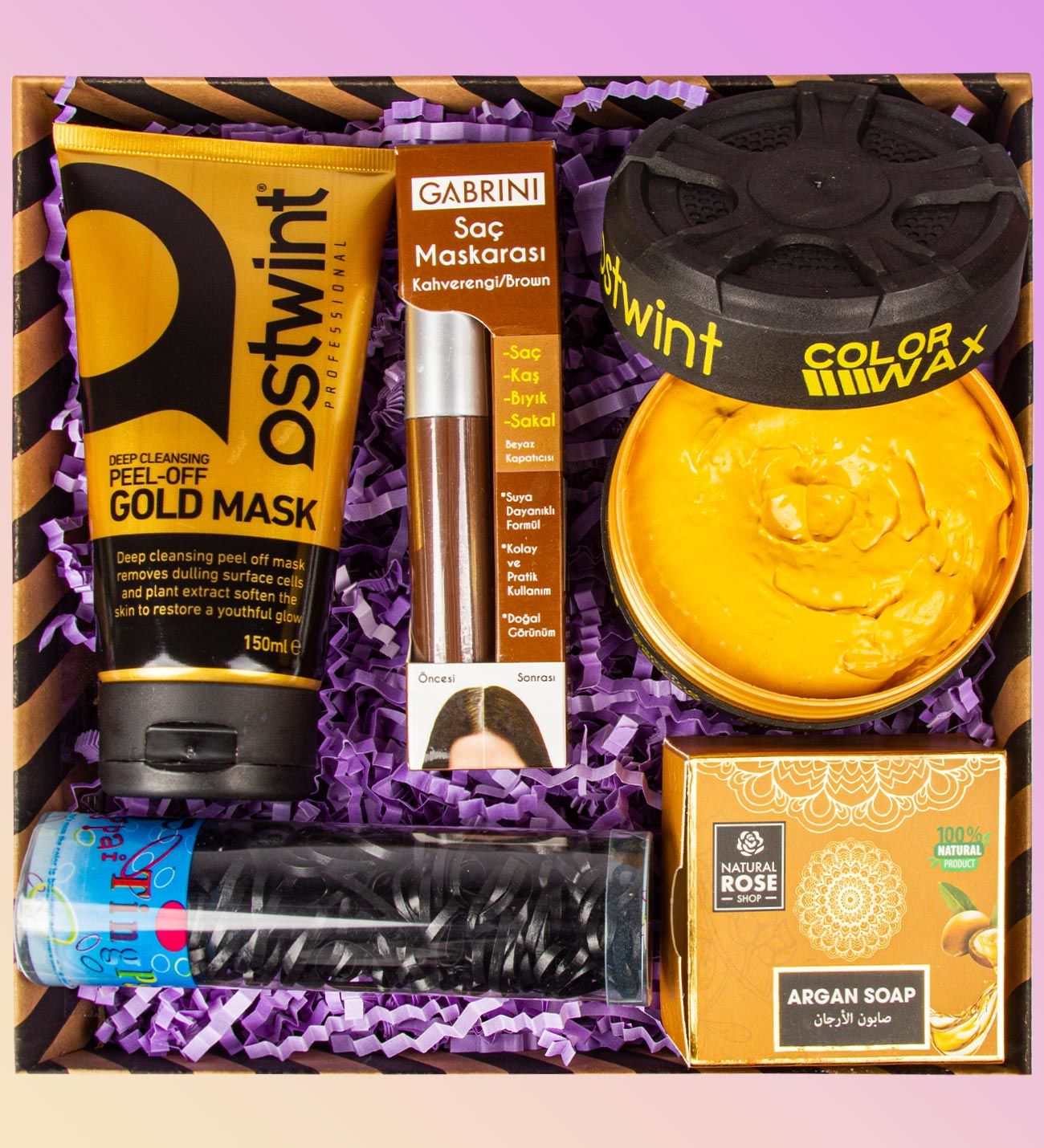 eJOYA Doğal Sabun & Altın Soyulan Maske & Color Wax & Örgü Lastiği & Saç Maskarası Kozmetik Hediye Kutusu 110923