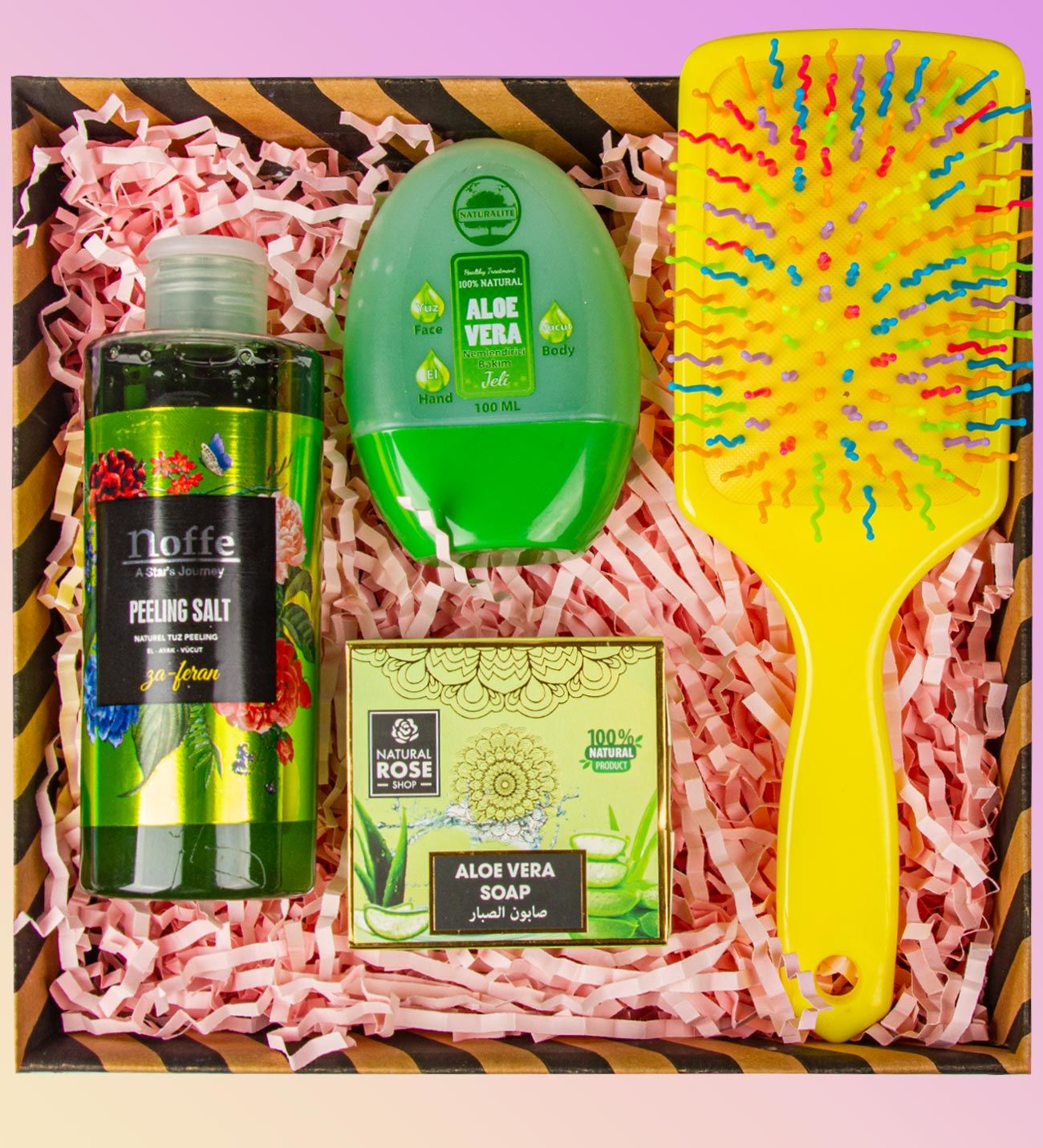 eJOYA Doğal Sabun & Aloe-vera Gel & Tuz Peeling & Saç Fırçası Kozmetik Hediye Kutusu 110925