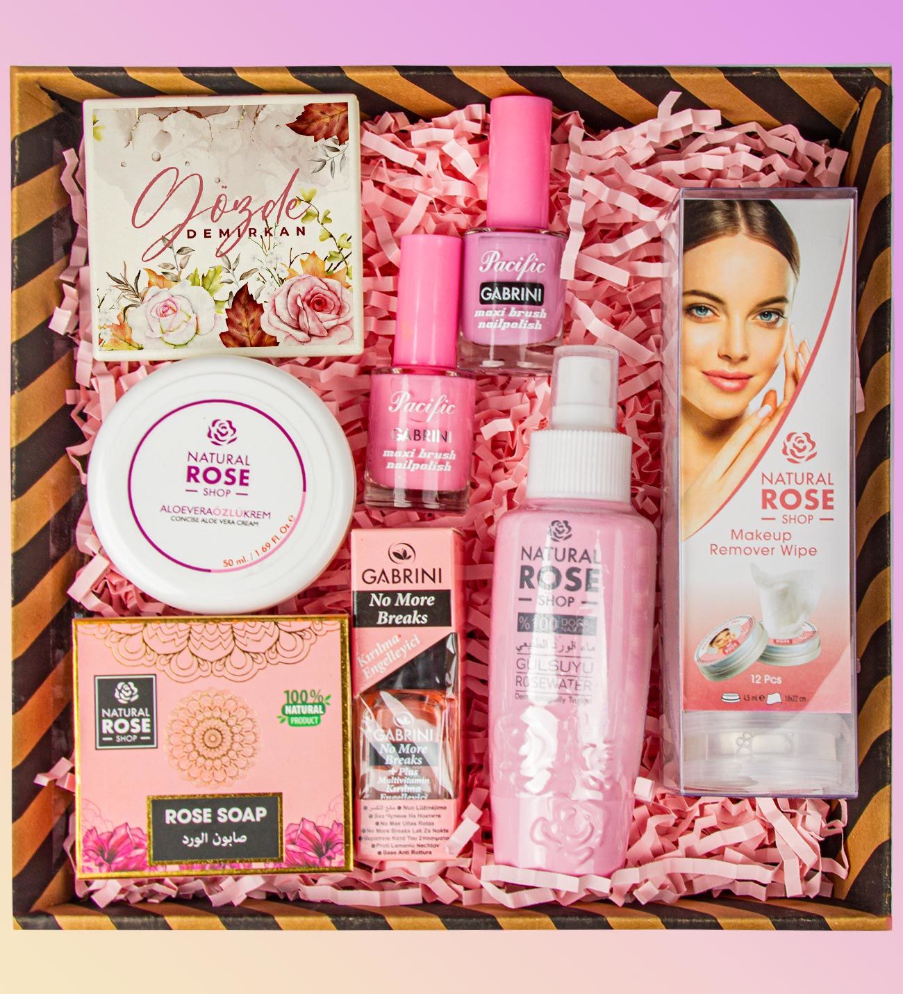 eJOYA Kişiye Özel Ayna & Doğal Gül Suyu & Doğal Sabun & Gül Sulu Makyaj Temizleme Pamuğu & Oje & Aloevera Krem & Tırnak Serumu Kozmetik Hediye Kutusu 110933