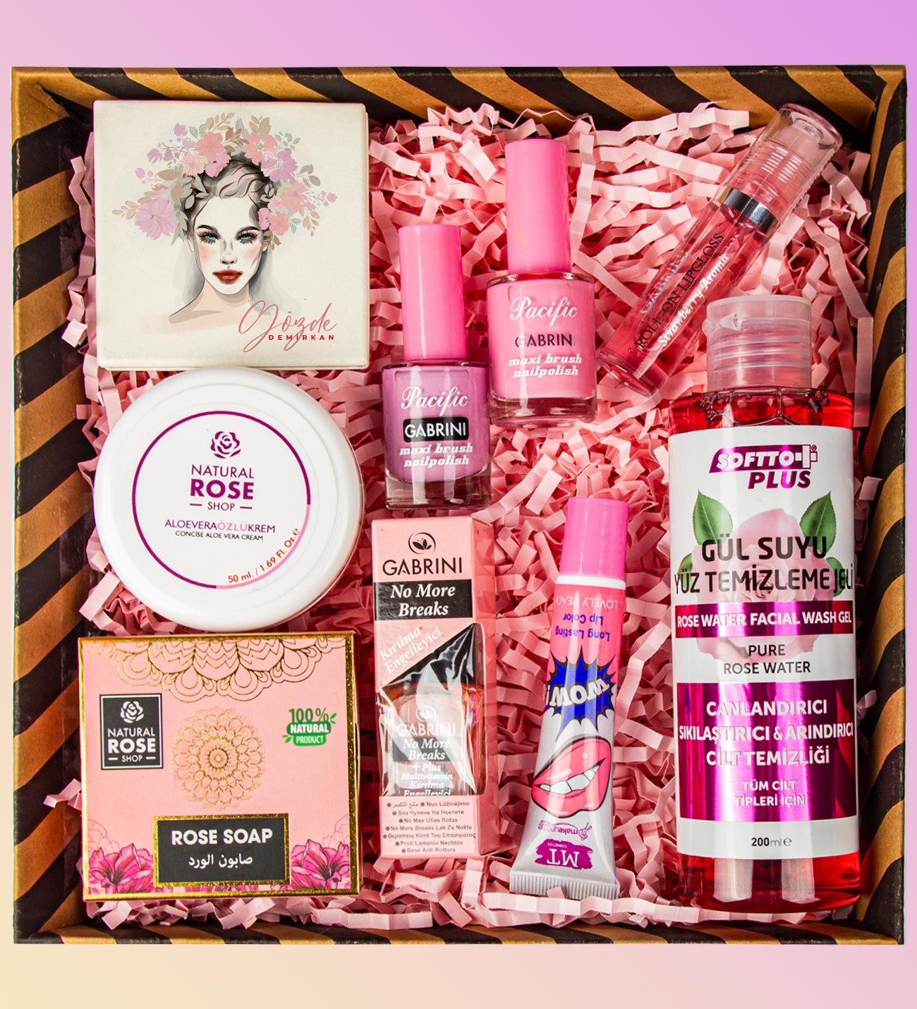 eJOYA Kişiye Özel Ayna & Soyulan Ruj & Doğal Sabun & Gül Suyu Makyaj Temizleme Jeli & Oje & Aloevera Krem & Tırnak Serumu & Dudak Nemlendirici Kozmetik Hediye Kutusu 110935