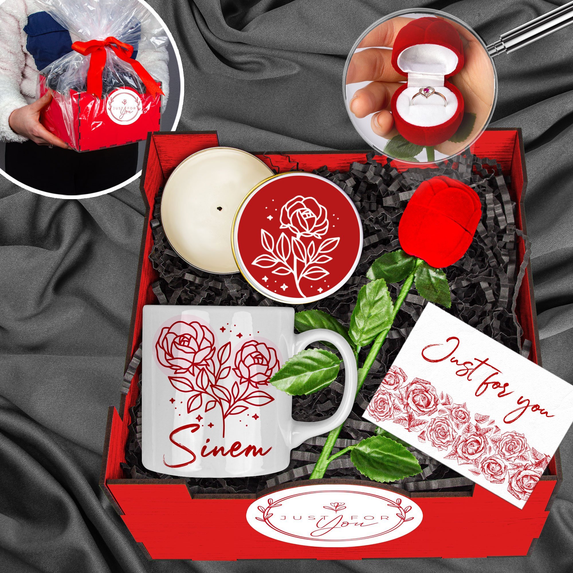 eJOYA Gül Kutusunda 925 Ayar Gümüş Yakut Yüzük & Kişiye Özel Kupa & Mum & Ahşap Hediye Sepeti 114748