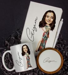 eJOYA Kişiye Özel Karikatür Tasarım Defter Kalem Kupa Ve Bardak Altlığı Hediye Seti 96239