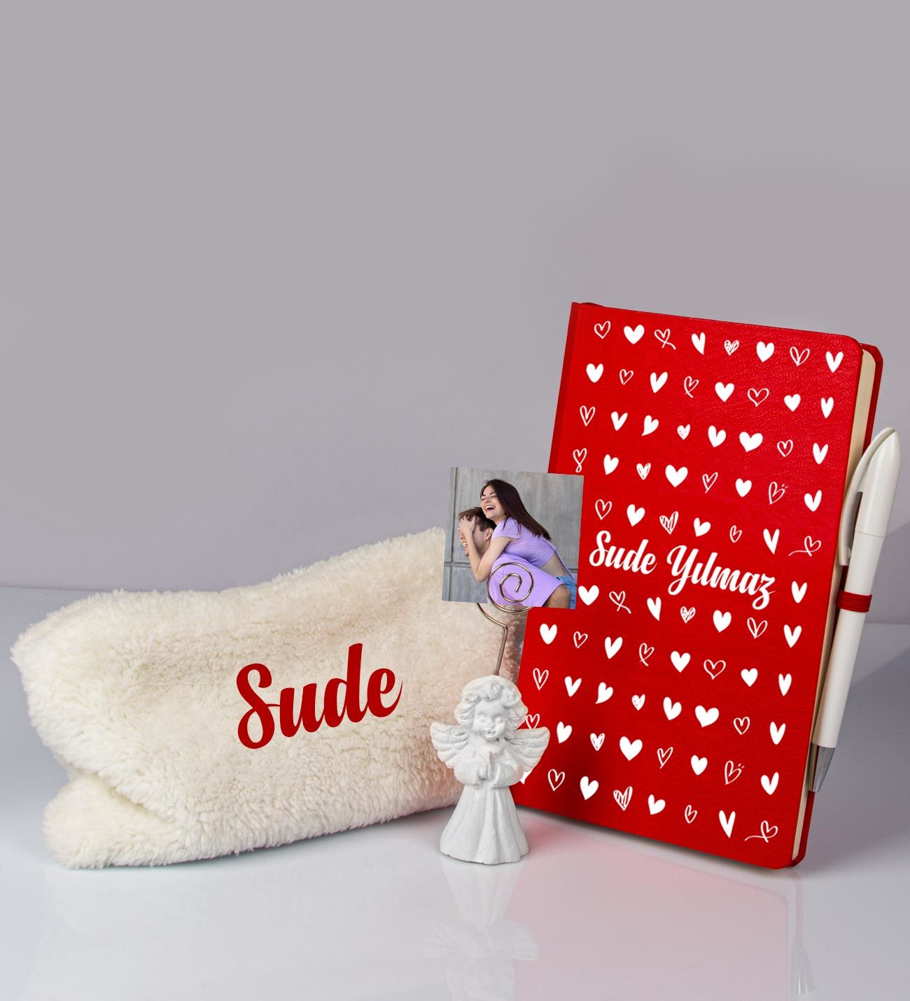 eJOYA Sevgililere Özel Defter Kalem Fotoğraflı Melek Notluk Ve Peluş Kalemlik Hediye Seti 106889