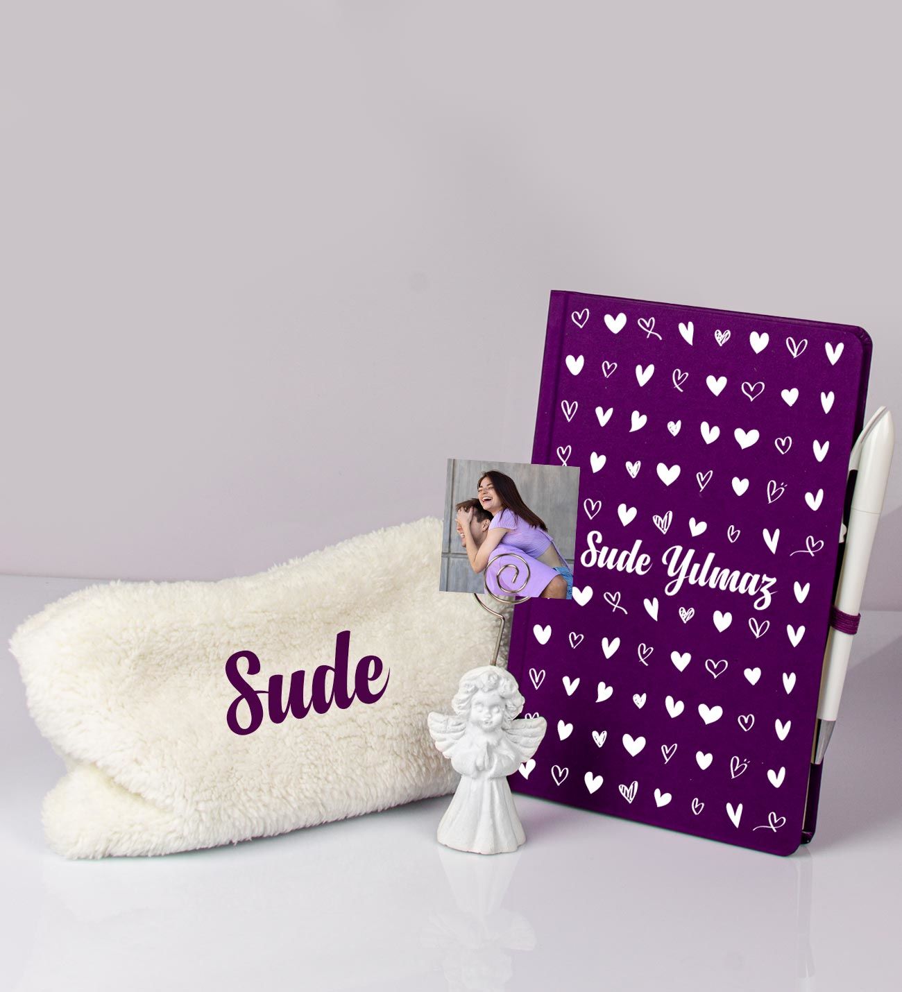 eJOYA Sevgililere Özel Defter Kalem Fotoğraflı Melek Notluk Ve Peluş Kalemlik Hediye Seti 106890