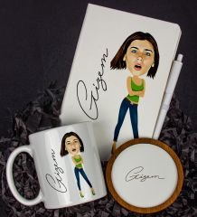 eJOYA Kişiye Özel Karikatür Tasarım Defter Kalem Kupa Ve Bardak Altlığı Hediye Seti 96244