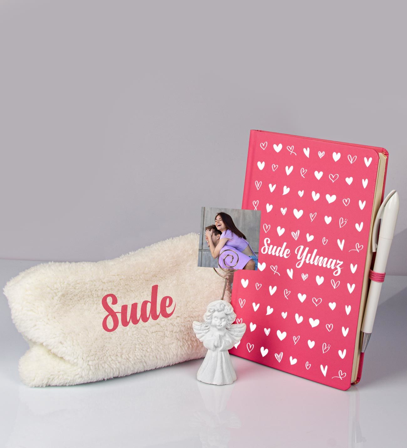 eJOYA Sevgililere Özel Defter Kalem Fotoğraflı Melek Notluk Ve Peluş Kalemlik Hediye Seti 106893