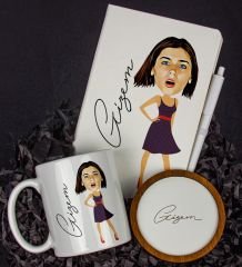 eJOYA Kişiye Özel Karikatür Tasarım Defter Kalem Kupa Ve Bardak Altlığı Hediye Seti 96247