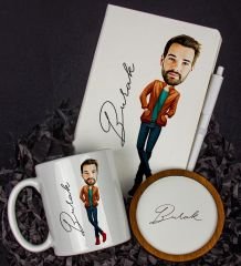 eJOYA Kişiye Özel Karikatür Tasarım Defter Kalem Kupa Ve Bardak Altlığı Hediye Seti 96257