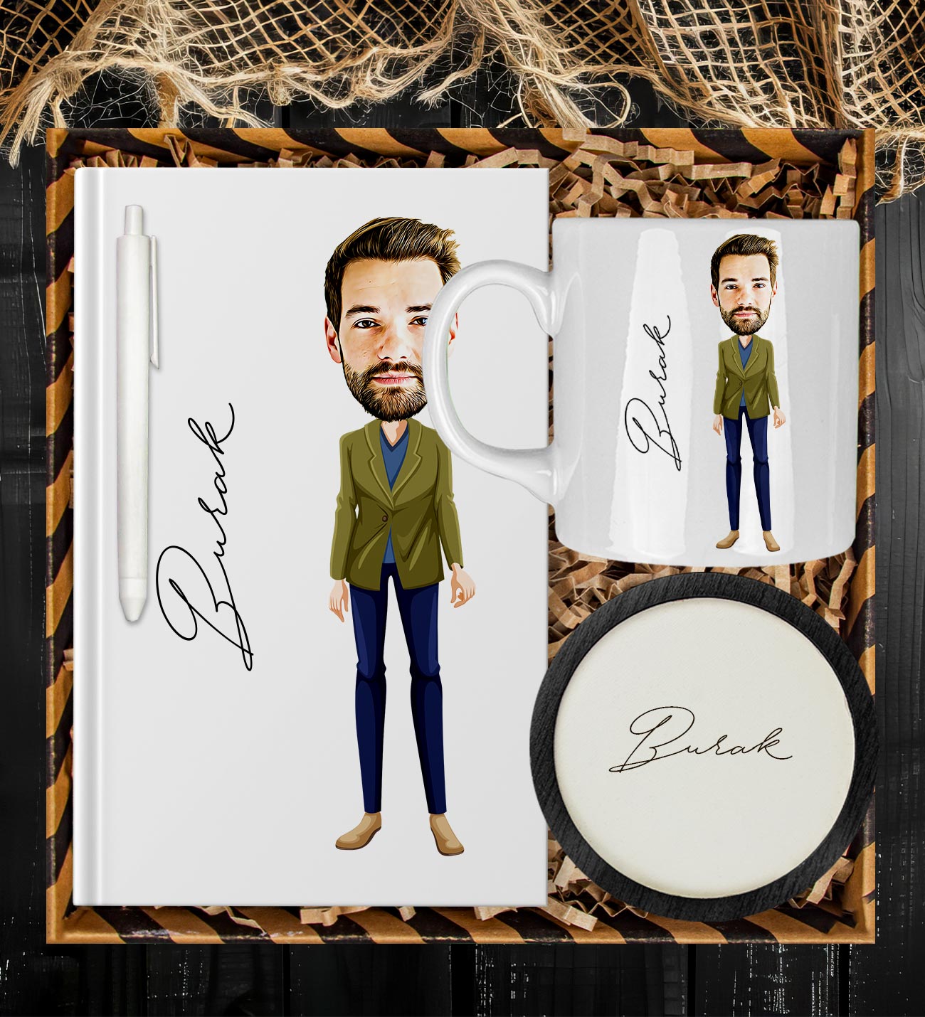 eJOYA Kişiye Özel Karikatür Tasarım Defter Kalem Kupa Ve Bardak Altlığı Hediye Seti 96259