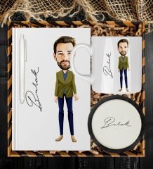 eJOYA Kişiye Özel Karikatür Tasarım Defter Kalem Kupa Ve Bardak Altlığı Hediye Seti 96259