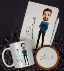 eJOYA Kişiye Özel Karikatür Tasarım Defter Kalem Kupa Ve Bardak Altlığı Hediye Seti 96260