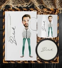 eJOYA Kişiye Özel Karikatür Tasarım Defter Kalem Kupa Ve Bardak Altlığı Hediye Seti 96263
