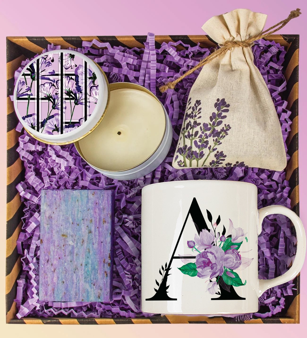 eJOYA Kişiye Özel Kupa & Mum & Lavanta Kesesi & Doğal Sabun Kozmetik Hediye Kutusu 110989