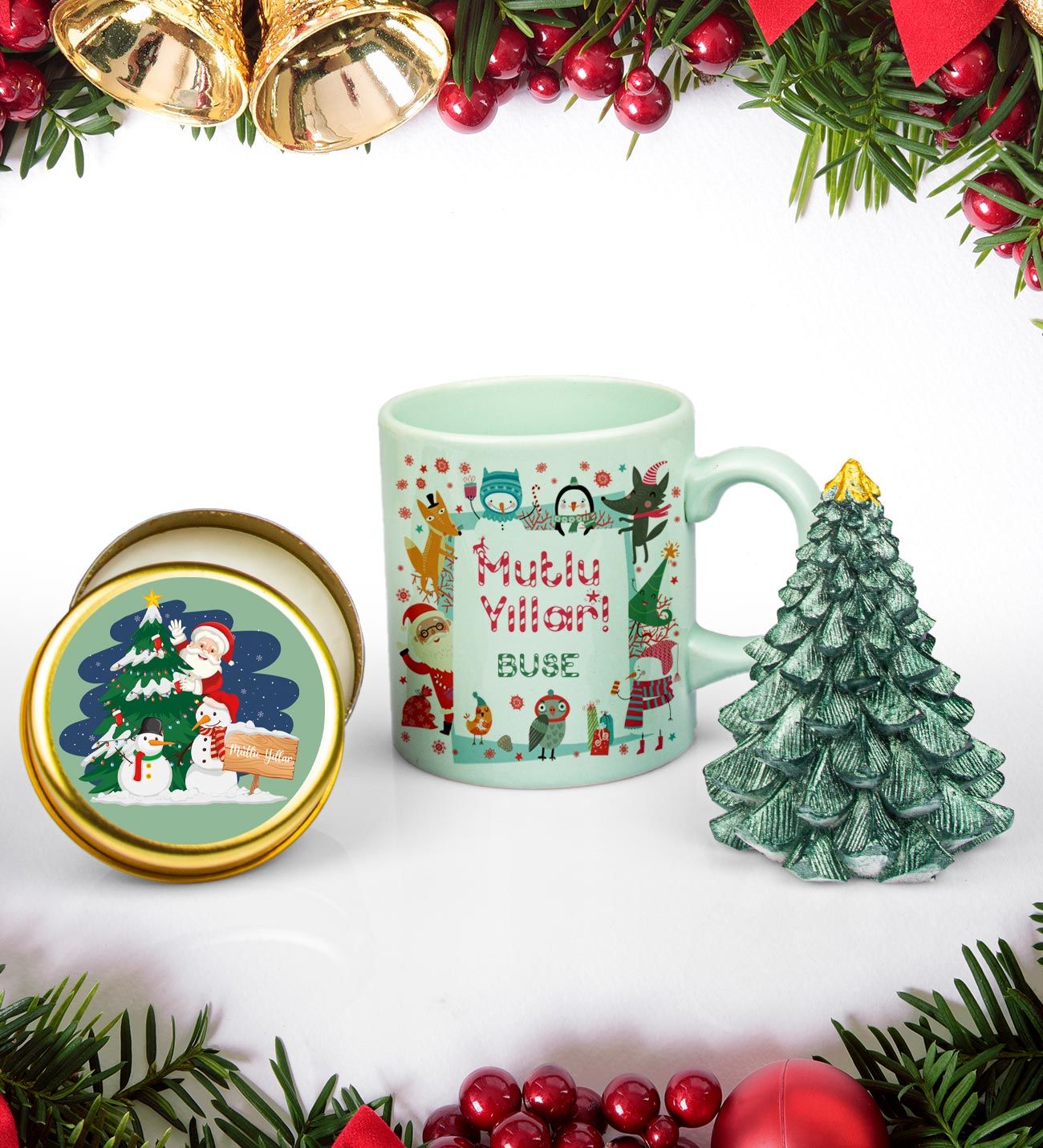 eJOYA Kişiye Özel Yeni Yıl Tasarımlı Kupa & Metal Kutusunda Mum & Çam Ağacı Biblo Hediye Seti 110677