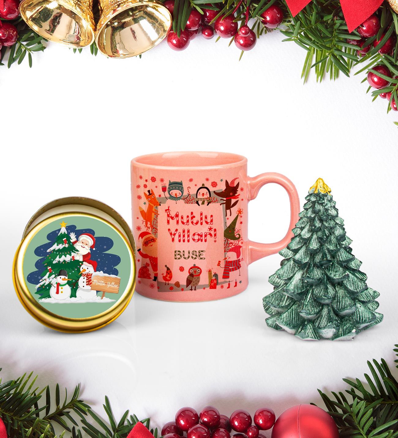 eJOYA Kişiye Özel Yeni Yıl Tasarımlı Kupa & Metal Kutusunda Mum & Çam Ağacı Biblo Hediye Seti 110678