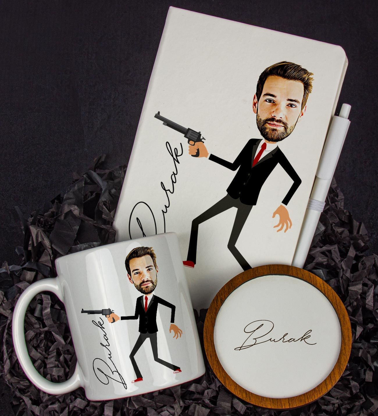 eJOYA Kişiye Özel Karikatür Tasarım Defter Kalem Kupa Ve Bardak Altlığı Hediye Seti 96315