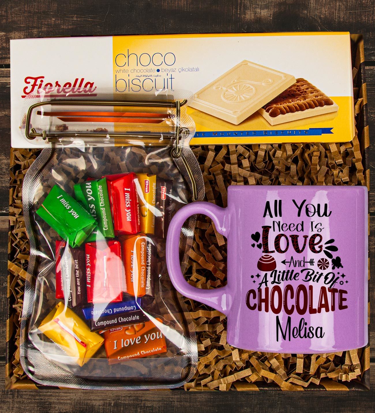 eJOYA Kişiye Özel Kupa & Tiamo Sütlü Kokolin Çikolata & Choco Beyaz Çikolatalı Biscuit Hediye Kutusu 111118