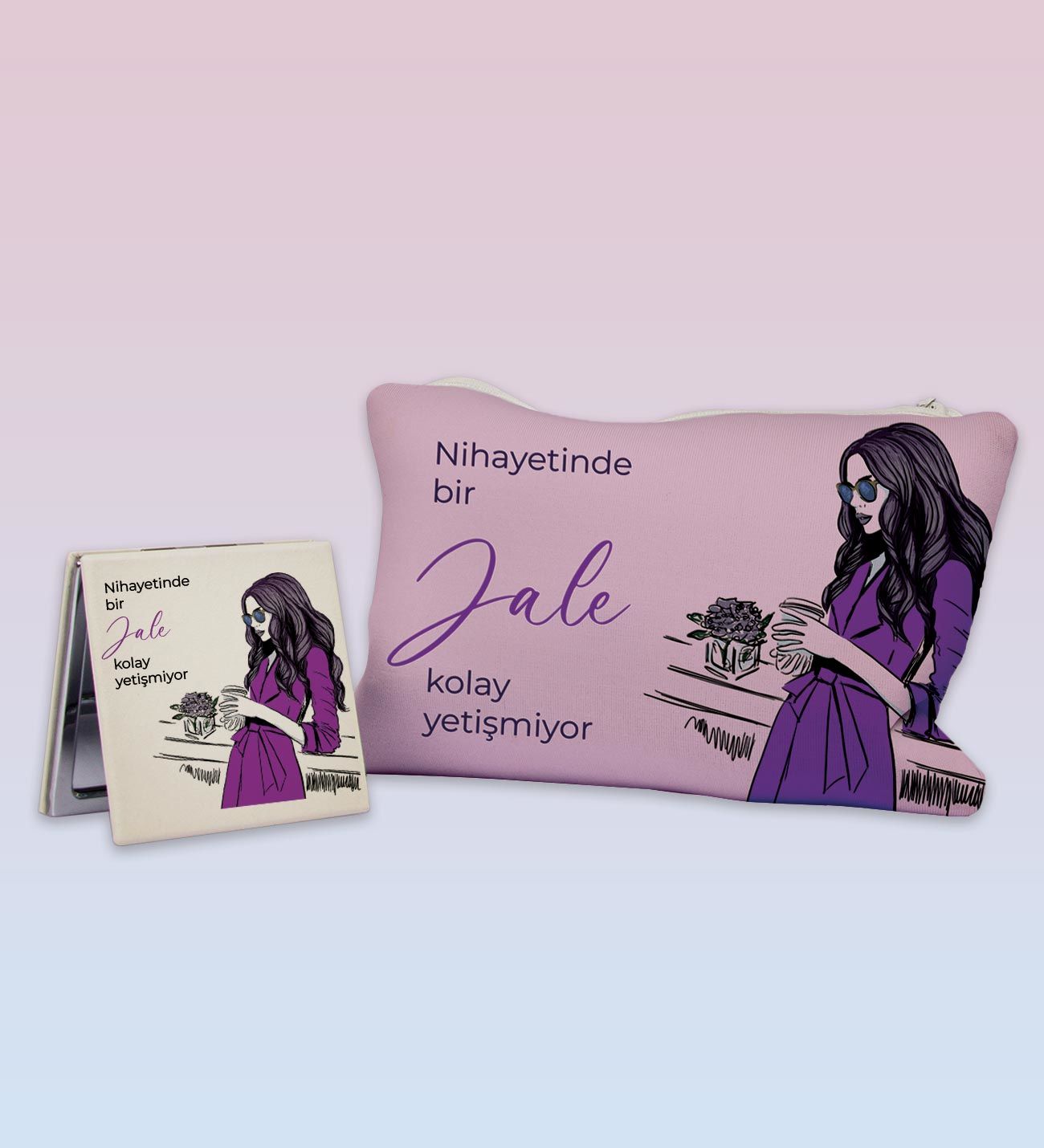 eJOYA Kişiye Özel Makyaj Çantası & Kişiye Özel Ayna Kozmetik Hediye Seti 110994