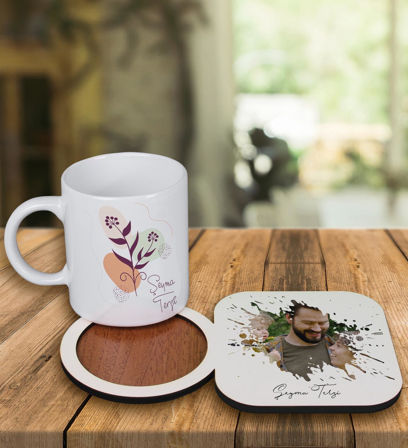 eJOYA Kişiye Özel Tasarım Kupa Bardak Ve Fotoğraflı Ahşap Bardak Altlığı 99148